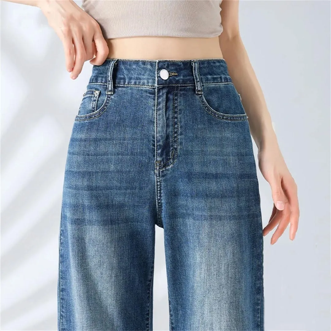 Women Thin Vintage Wide Leg Jeans Buttons High Waist Pockets Loose Floor Length Pants