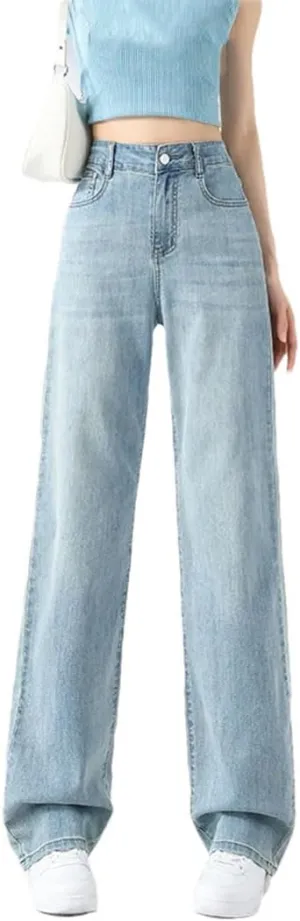 Women Thin Vintage Wide Leg Jeans Buttons High Waist Pockets Loose Floor Length Pants
