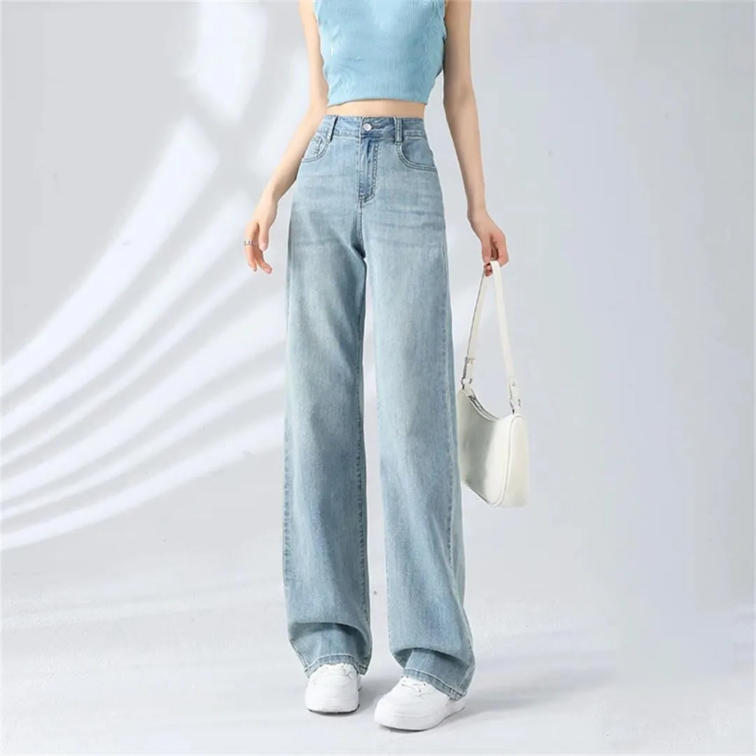 Women Thin Vintage Wide Leg Jeans Buttons High Waist Pockets Loose Floor Length Pants