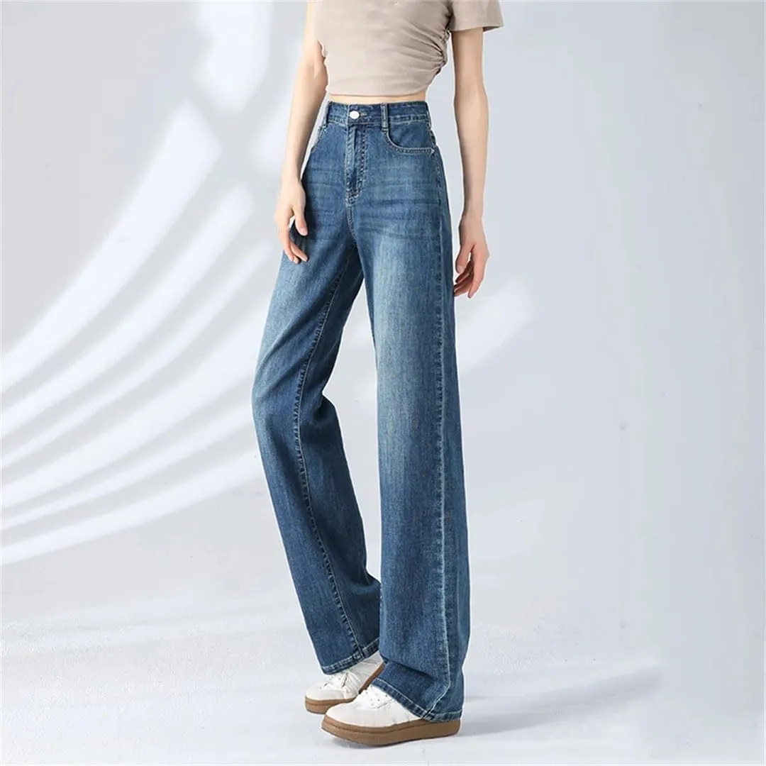 Women Thin Vintage Wide Leg Jeans Buttons High Waist Pockets Loose Floor Length Pants