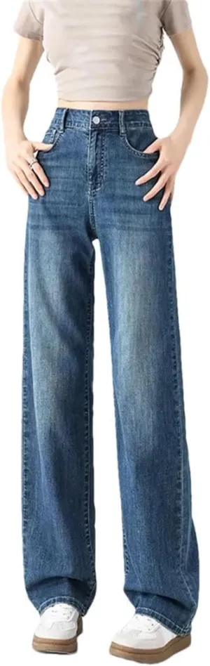 Women Thin Vintage Wide Leg Jeans Buttons High Waist Pockets Loose Floor Length Pants