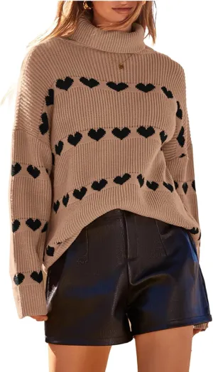 Women Valentines Day Turtleneck Sweaters for Teen Girls Heart Print Oversized Long Sleeve Knit Pullovers Tops(Khaki,XL)
