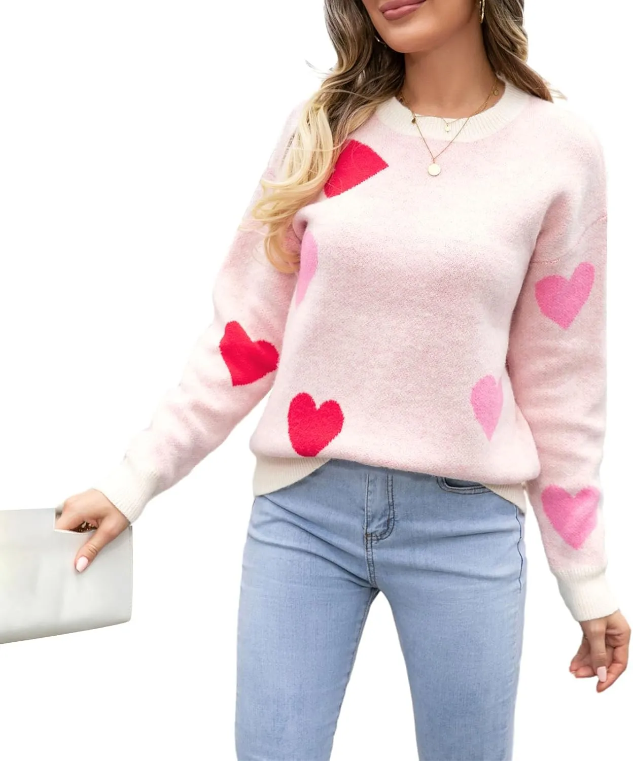 Women Valentines Day Turtleneck Sweaters for Teen Girls Heart Print Oversized Long Sleeve Knit Pullovers Tops(Light Pink Heart,M)
