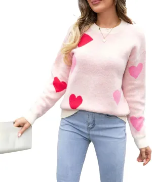Women Valentines Day Turtleneck Sweaters for Teen Girls Heart Print Oversized Long Sleeve Knit Pullovers Tops(Light Pink Heart,M)