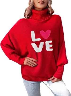 Women Valentines Day Turtleneck Sweaters for Teen Girls Heart Print Oversized Long Sleeve Knit Pullovers Tops(Red Love,L)