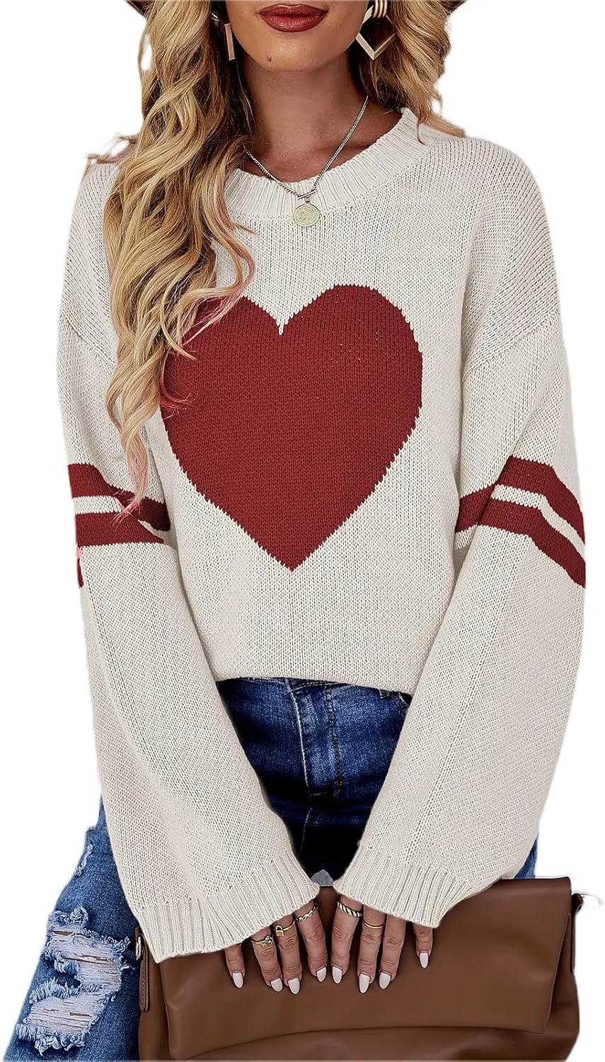 Women Valentines Day Turtleneck Sweaters for Teen Girls Heart Print Oversized Long Sleeve Knit Pullovers Tops(White Apricot,XL)