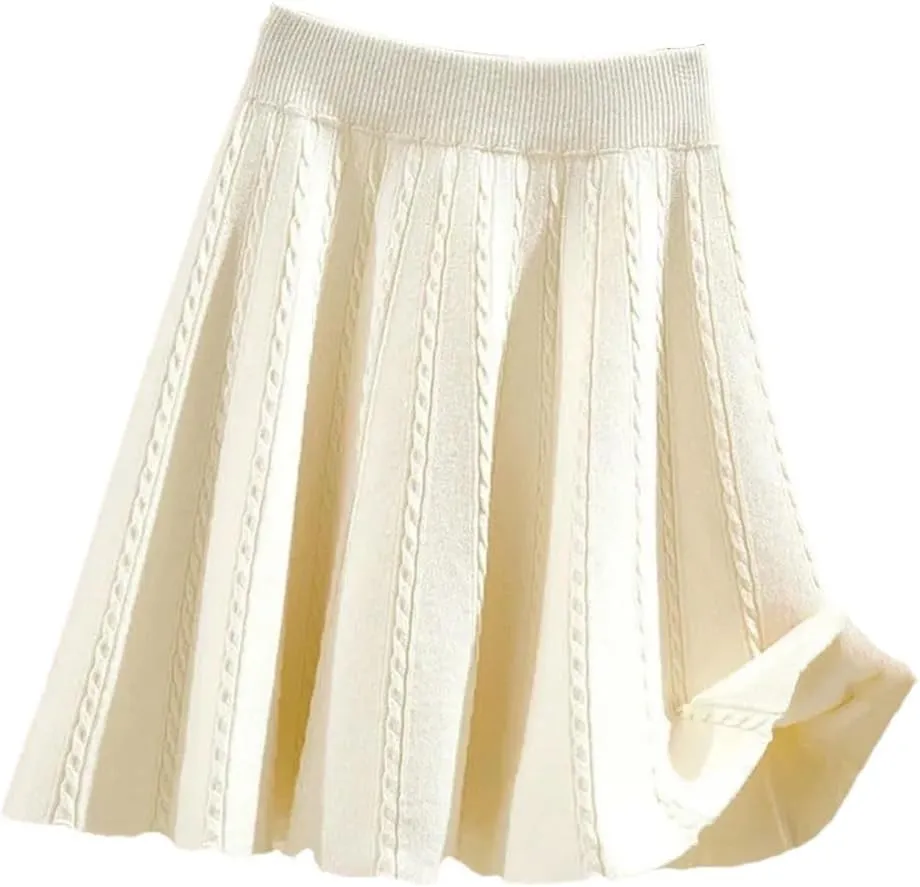 Women Winter Warm Knit Pleated Short Skirt Elastic High Waist Sweater Skirts Autumn Solid Elastic Knitting Mini Skirt