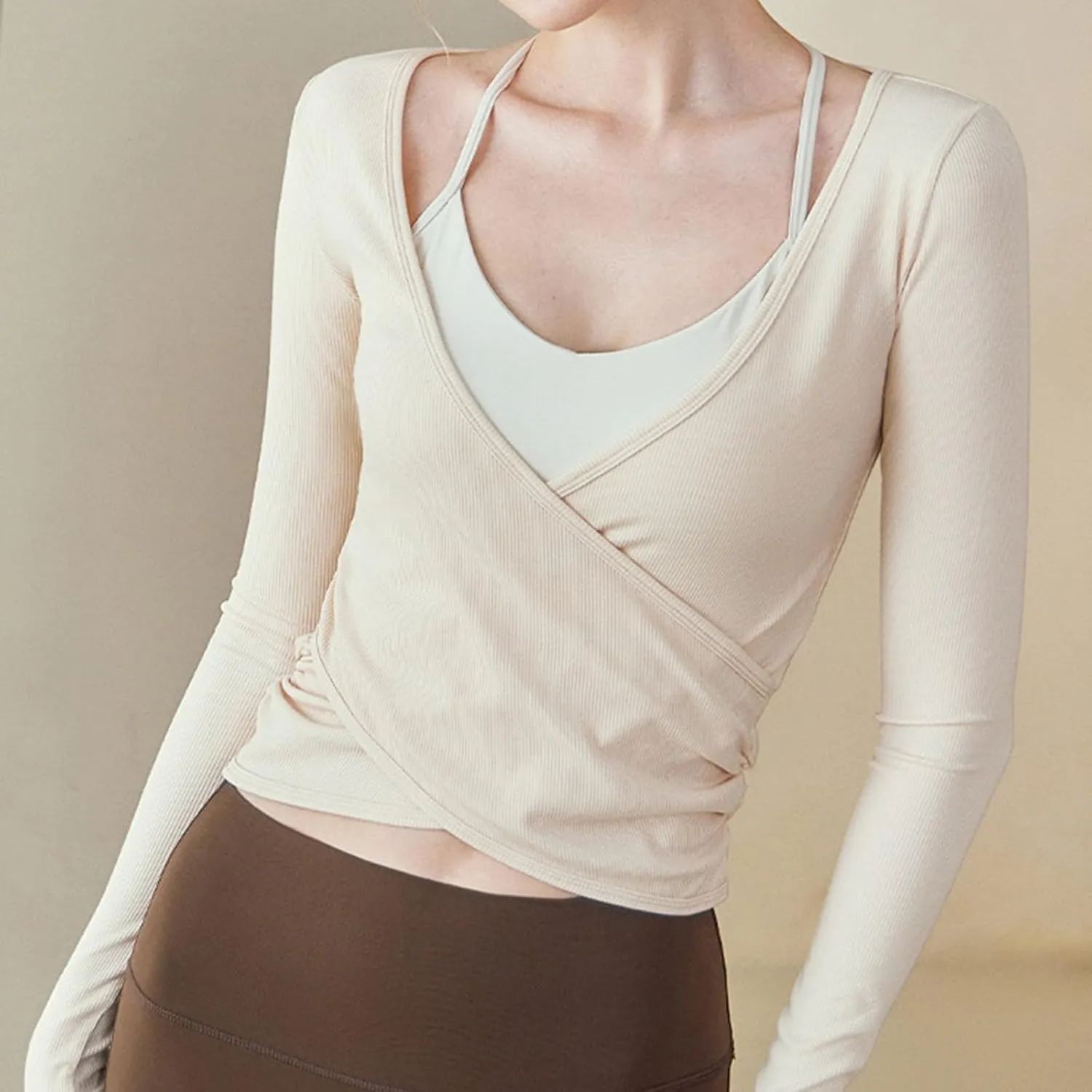 Women Y2k Cross Wrap Crop Top Long Sleeve Deep V Neck Slim Fit T-Shirt Coquette Yoga Workout Blouse