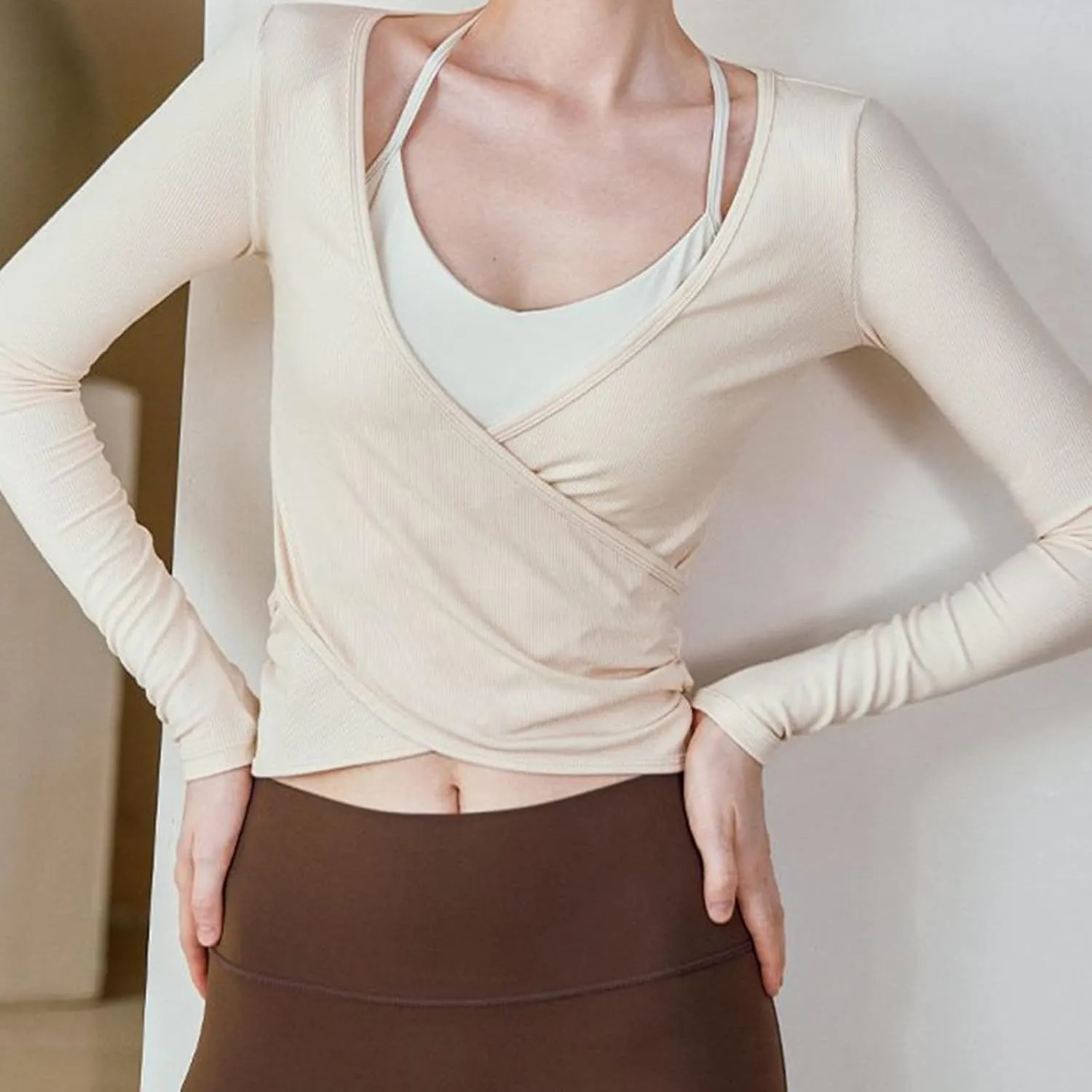 Women Y2k Cross Wrap Crop Top Long Sleeve Deep V Neck Slim Fit T-Shirt Coquette Yoga Workout Blouse