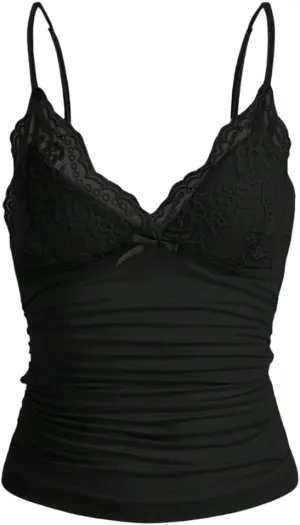 Women Y2k Lace Trim Cami Top Spaghetti Strap Fairy Grunge Tank Top V Neck Ruched Bow Lace Patchwork Cami Shirt