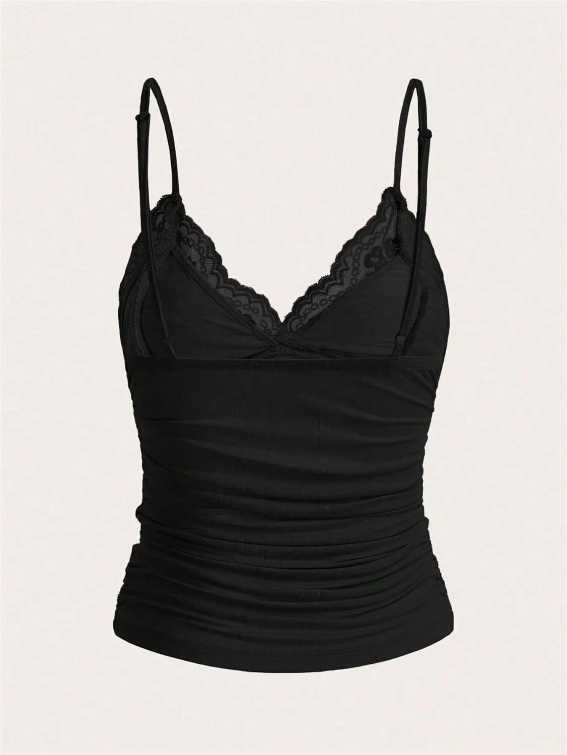 Women Y2k Lace Trim Cami Top Spaghetti Strap Fairy Grunge Tank Top V Neck Ruched Bow Lace Patchwork Cami Shirt