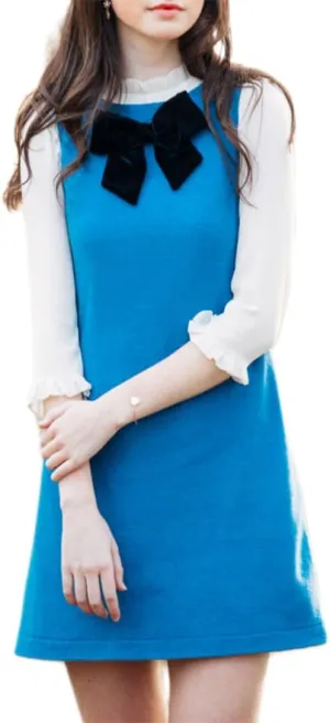 Women Y2k Mini Dress with Bow Sleeveless Pleated A-Line Dress Boat Neck Zipper Back Cocktail Party Tank Mini Dress