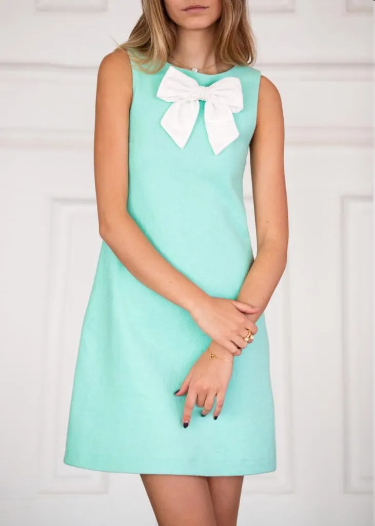 Women Y2k Mini Dress with Bow Sleeveless Pleated A-Line Dress Boat Neck Zipper Back Cocktail Party Tank Mini Dress
