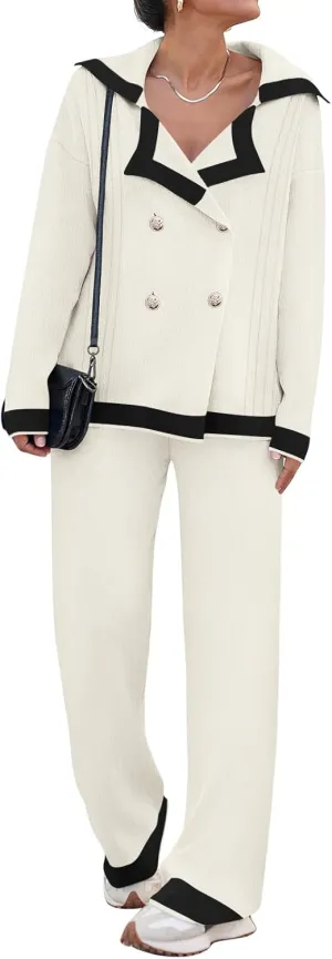 Women's 2 Piece Outfits Set Long Sleeve Notch Lapel Knit Sweater Top Wide Leg Lounge Pants Business Casual Cardigan Sets