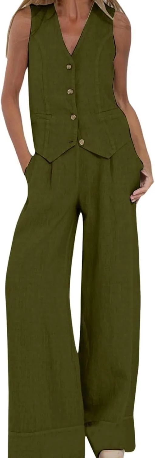 Womens 2 Piece Sets Summer Button Down Vest and Wide Leg Pants Suits Linen Business Casual Outfits V Neck Blazer Sets
