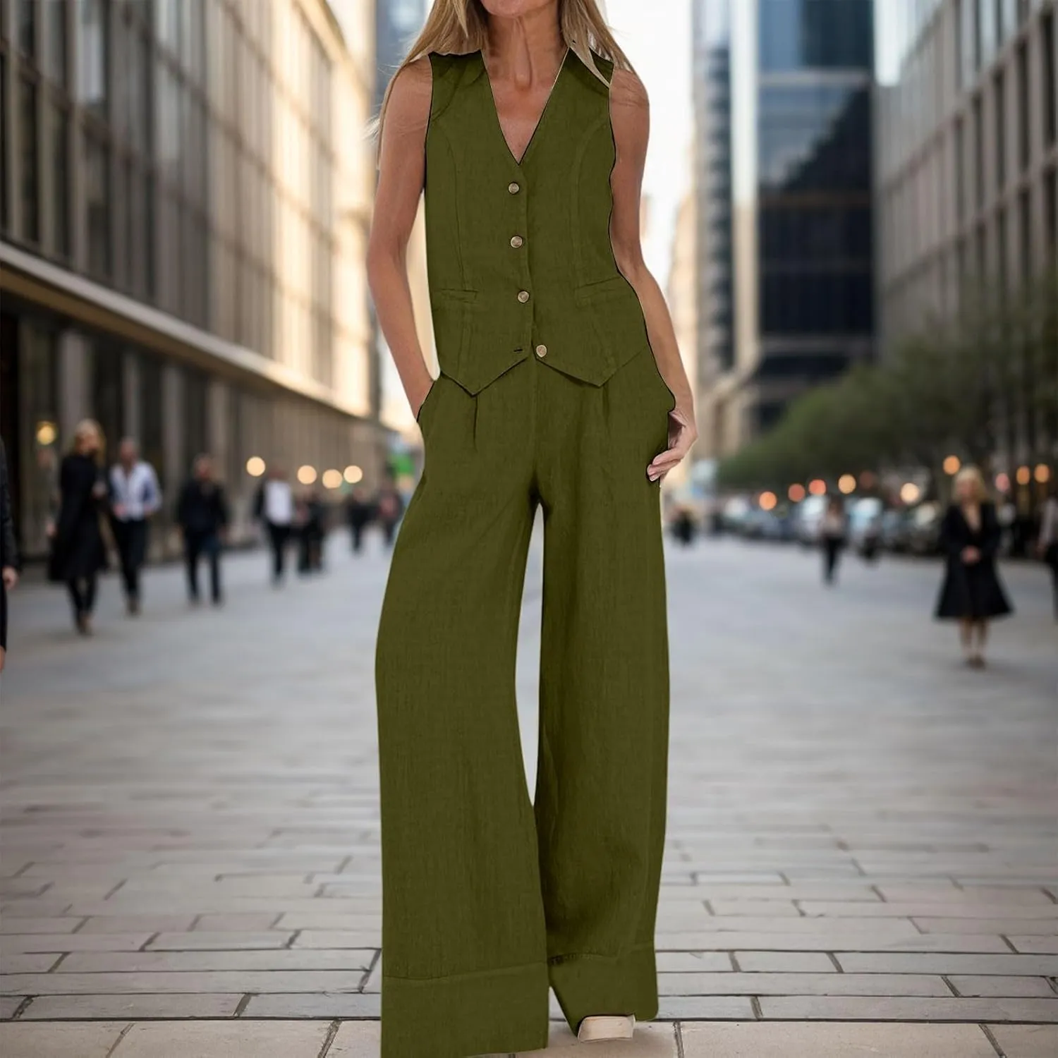 Womens 2 Piece Sets Summer Button Down Vest and Wide Leg Pants Suits Linen Business Casual Outfits V Neck Blazer Sets