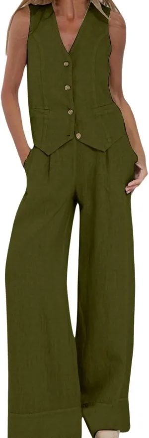 Womens 2 Piece Sets Summer Button Down Vest and Wide Leg Pants Suits Linen Business Casual Outfits V Neck Blazer Sets