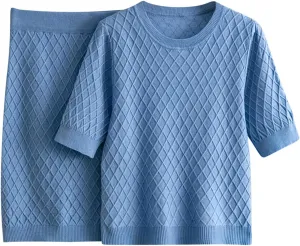 Womens 2 Piece Sweater Set Casual Cable Knit Short Sleeve Top Knee Length Skirt Loose Pullover Spring Fall Outfit