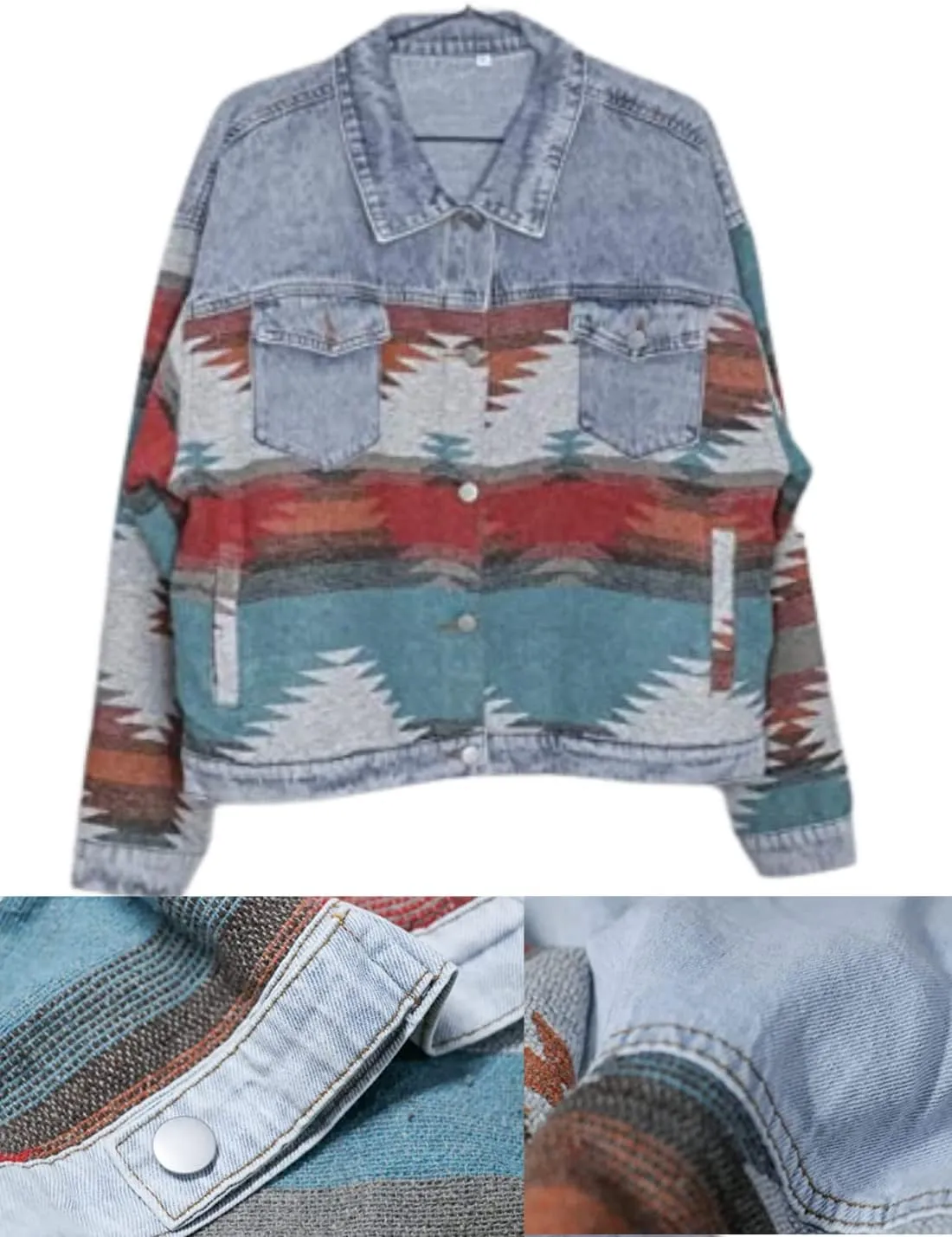 Women’s Aztec Shacket Jacket Lapel Long Sleeve Retro Jean Coat Oversized Western Denim Jacket