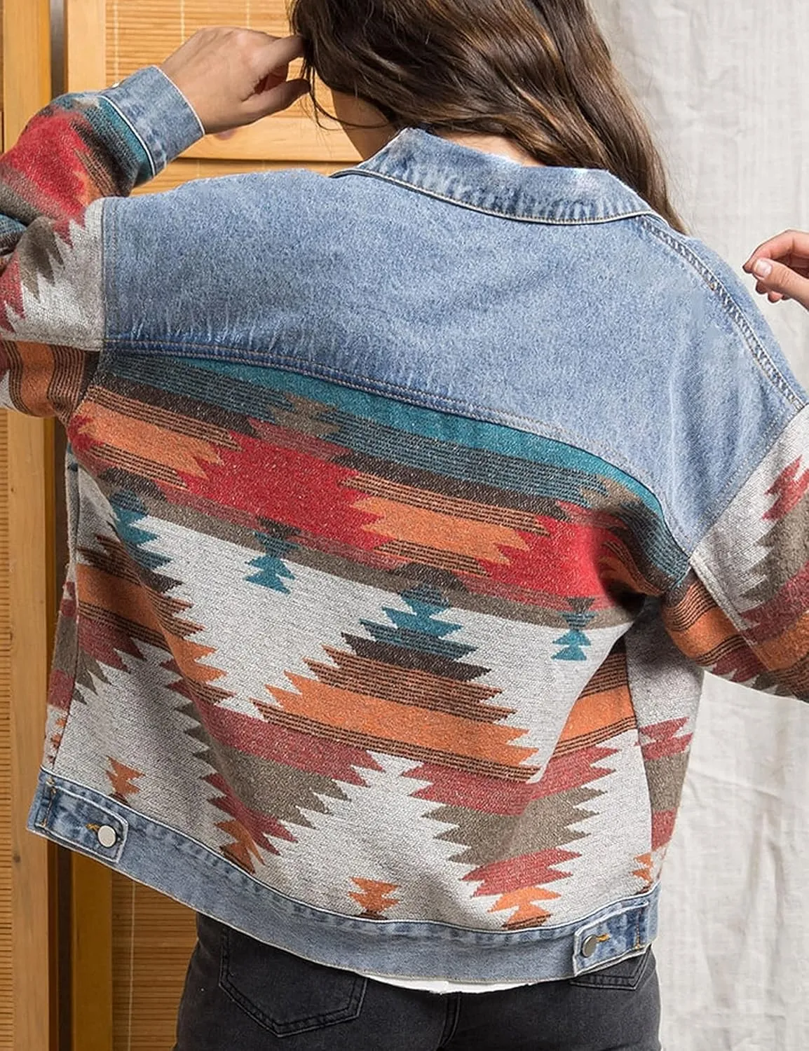 Women’s Aztec Shacket Jacket Lapel Long Sleeve Retro Jean Coat Oversized Western Denim Jacket