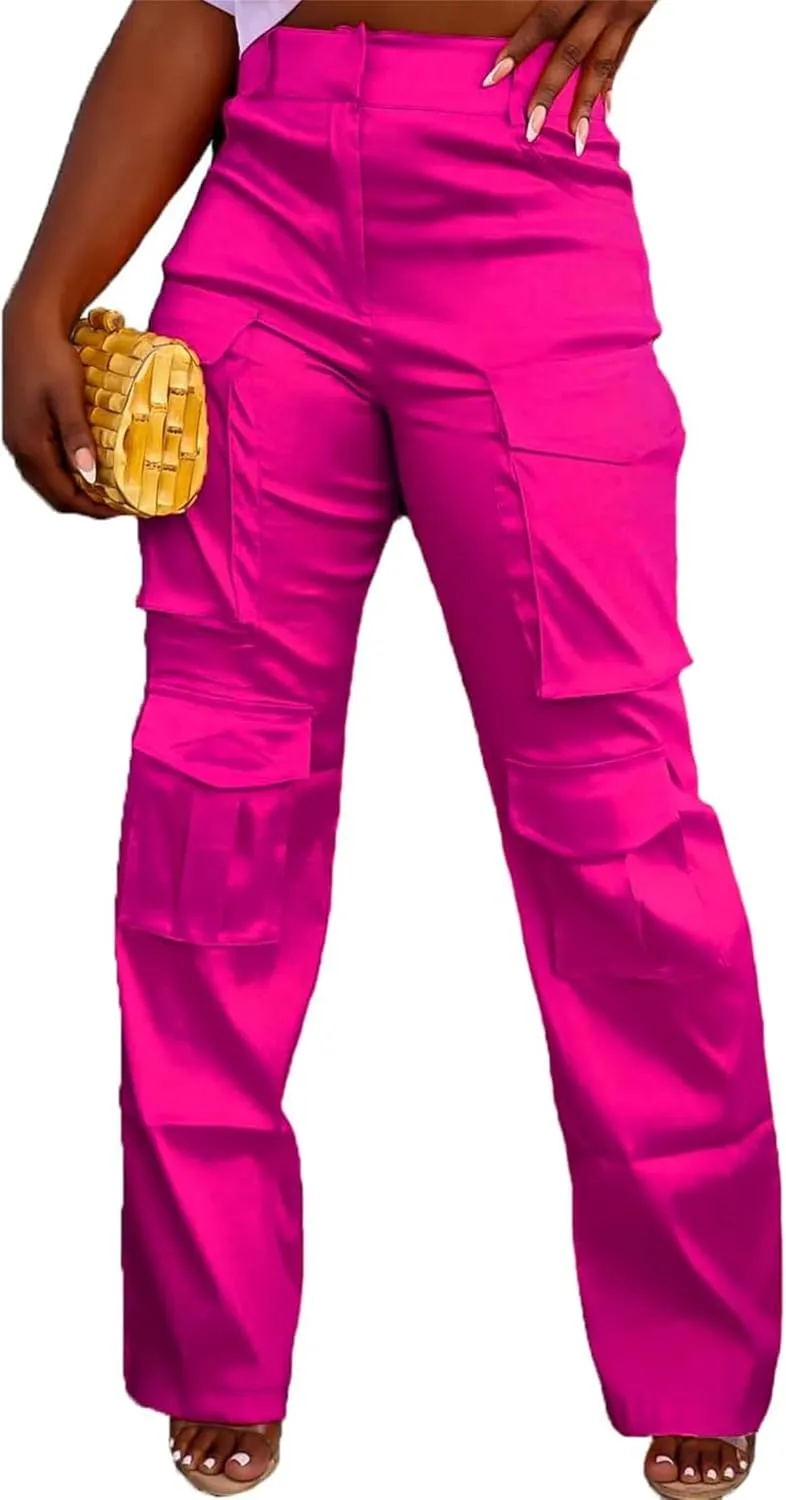Women's Baggy Cargo Satin Pants Y2K High Waisted Wide Leg Casual Pants Straight Streetwear Trousers with Multi Pockets