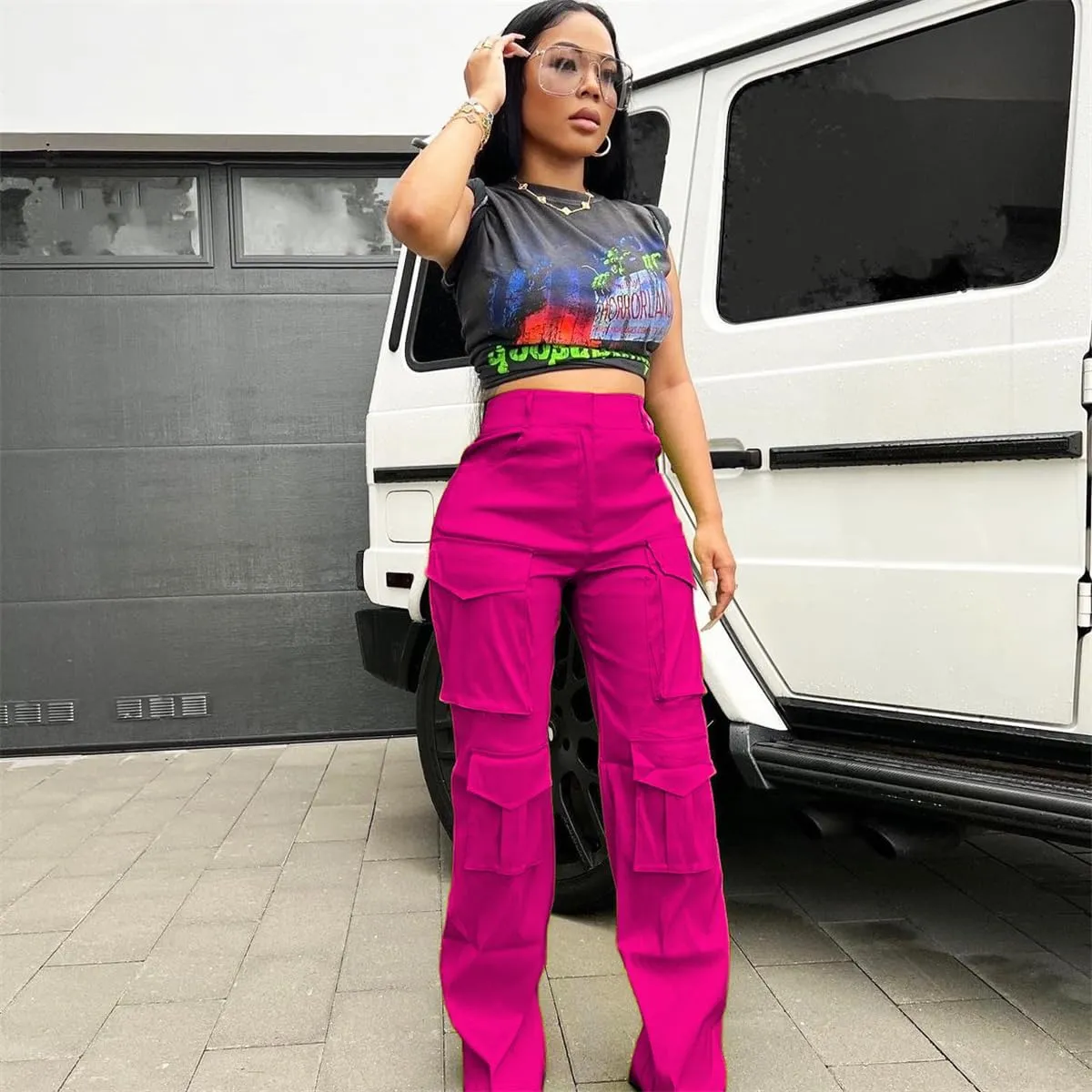Women's Baggy Cargo Satin Pants Y2K High Waisted Wide Leg Casual Pants Straight Streetwear Trousers with Multi Pockets