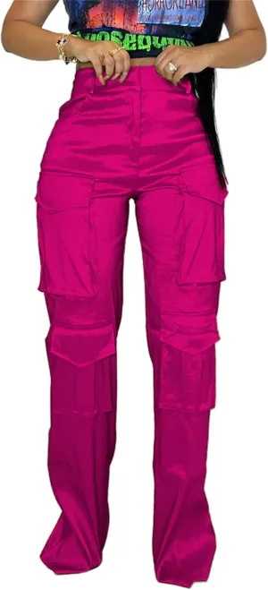 Women's Baggy Cargo Satin Pants Y2K High Waisted Wide Leg Casual Pants Straight Streetwear Trousers with Multi Pockets