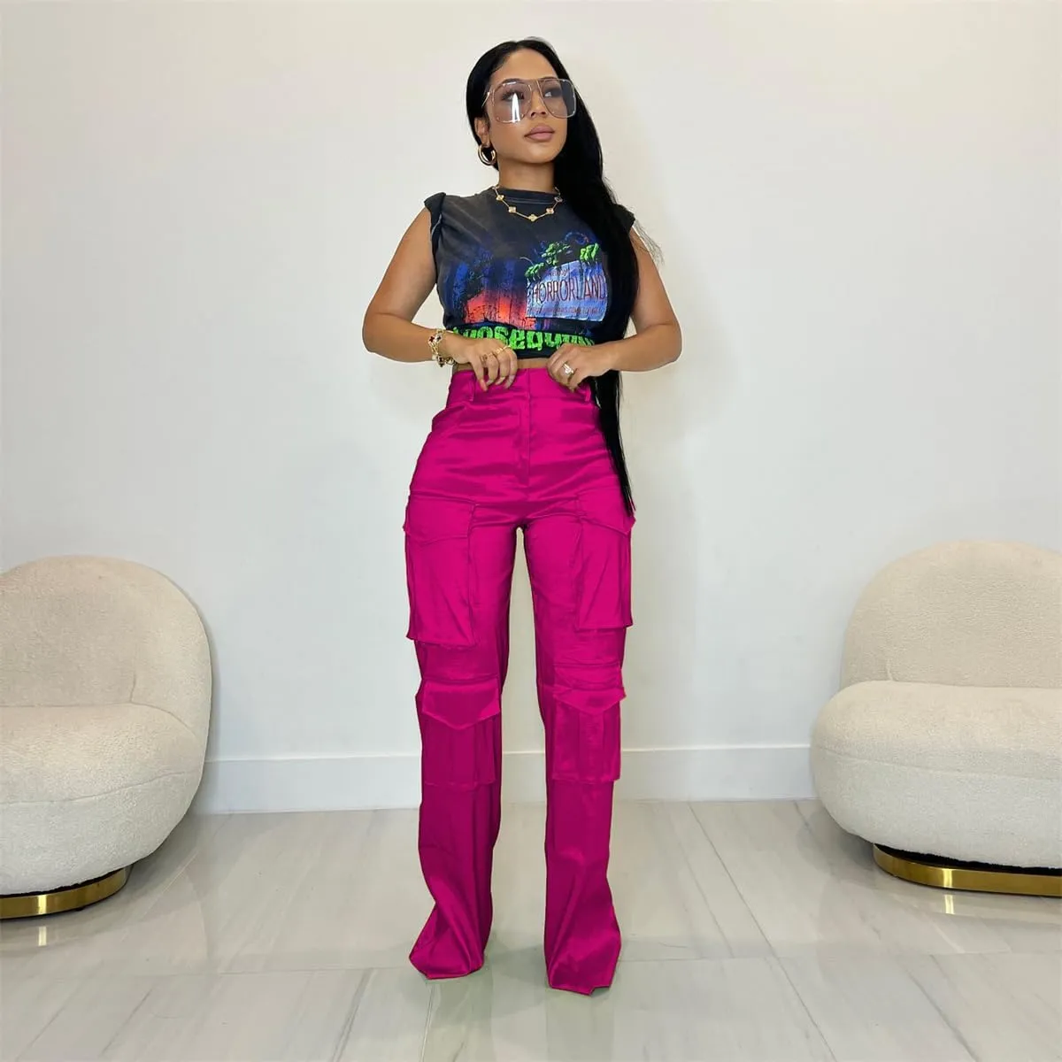 Women's Baggy Cargo Satin Pants Y2K High Waisted Wide Leg Casual Pants Straight Streetwear Trousers with Multi Pockets