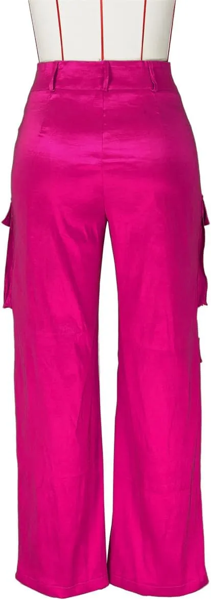 Women's Baggy Cargo Satin Pants Y2K High Waisted Wide Leg Casual Pants Straight Streetwear Trousers with Multi Pockets