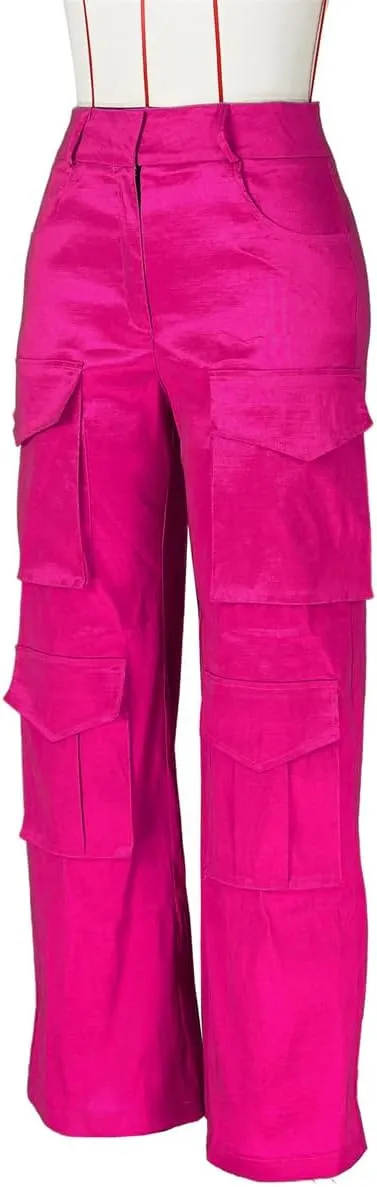 Women's Baggy Cargo Satin Pants Y2K High Waisted Wide Leg Casual Pants Straight Streetwear Trousers with Multi Pockets