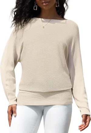 Women's Boat Neck Bat Sleeve Dolman Ribbed Knit Sweater Pullover Top