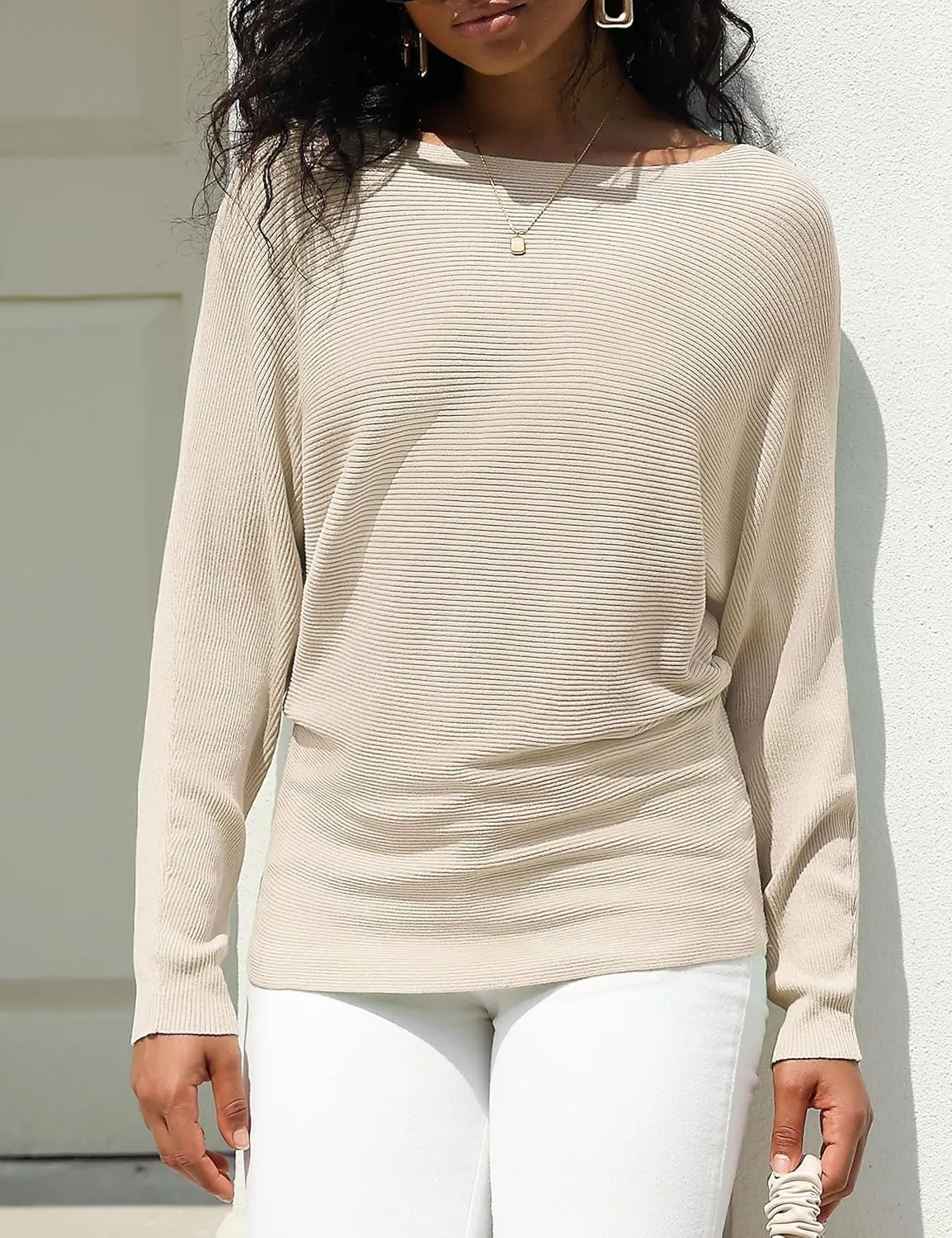 Women's Boat Neck Bat Sleeve Dolman Ribbed Knit Sweater Pullover Top