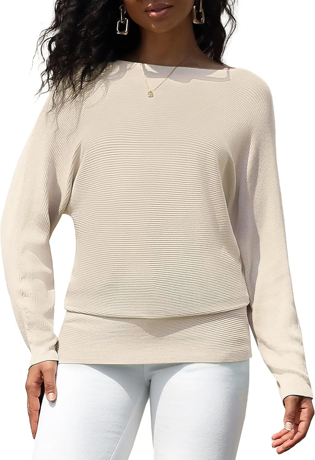 Women's Boat Neck Bat Sleeve Dolman Ribbed Knit Sweater Pullover Top