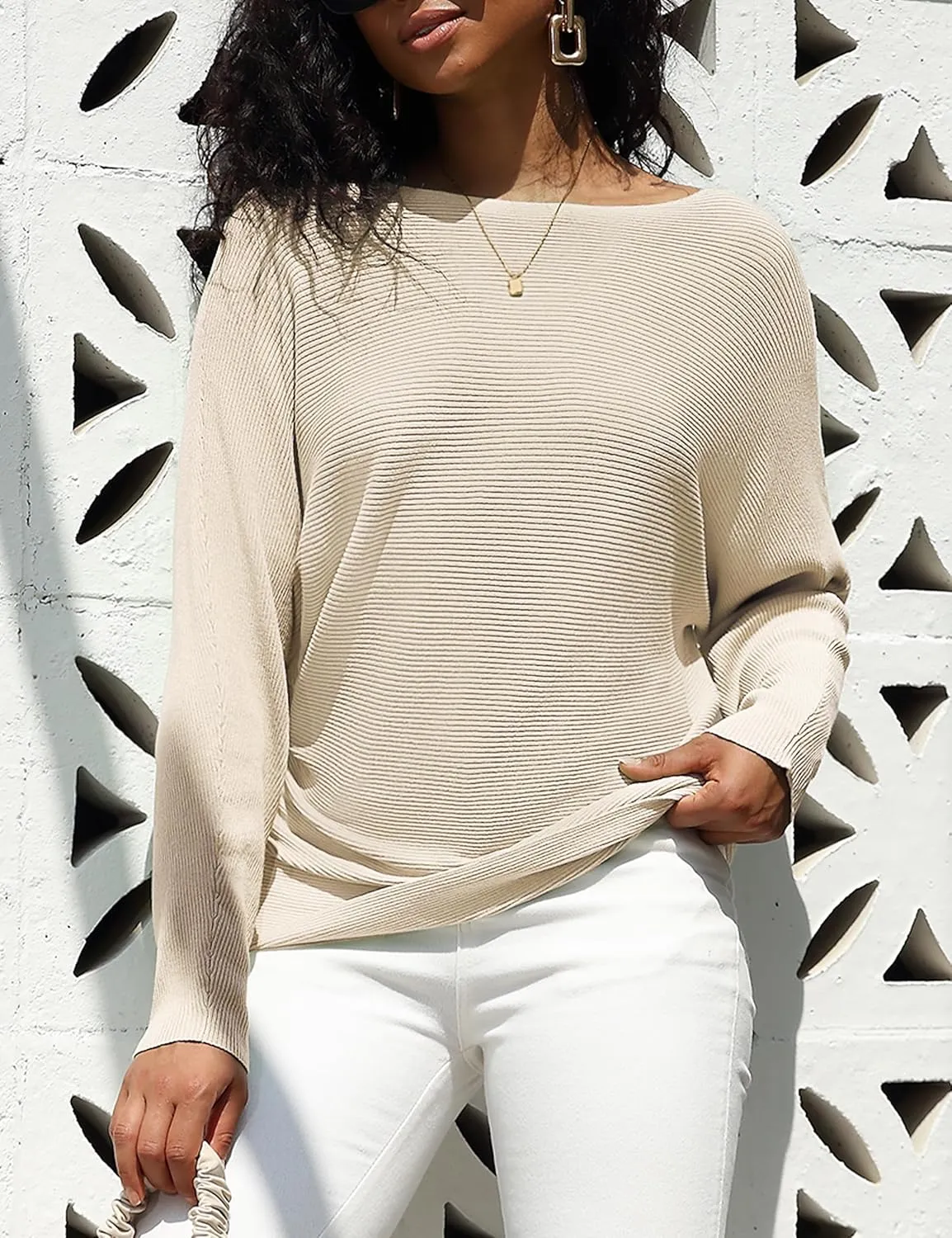 Women's Boat Neck Bat Sleeve Dolman Ribbed Knit Sweater Pullover Top