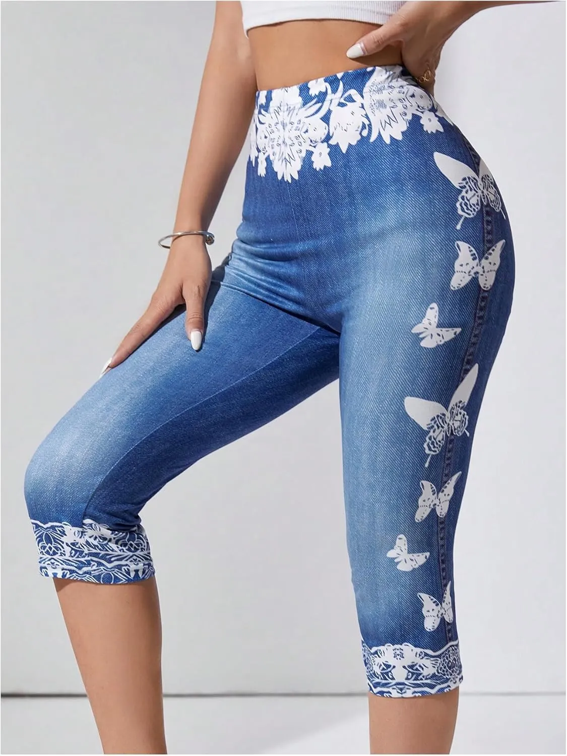 Women's Butterfly Denim Print Capri Pants High Waisted Stretch 3/4 Length Leggings