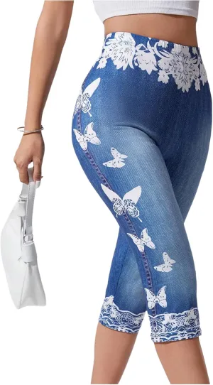 Women's Butterfly Denim Print Capri Pants High Waisted Stretch 3/4 Length Leggings