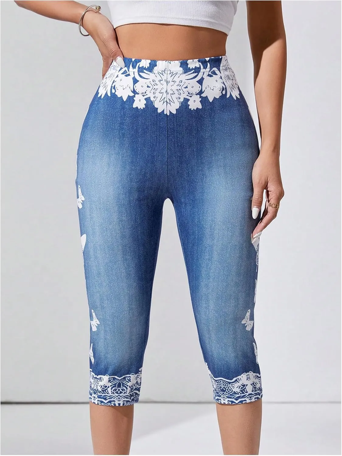 Women's Butterfly Denim Print Capri Pants High Waisted Stretch 3/4 Length Leggings