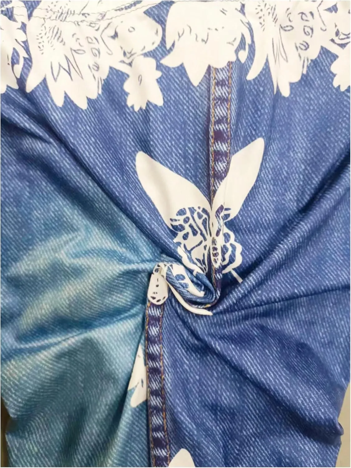 Women's Butterfly Denim Print Capri Pants High Waisted Stretch 3/4 Length Leggings