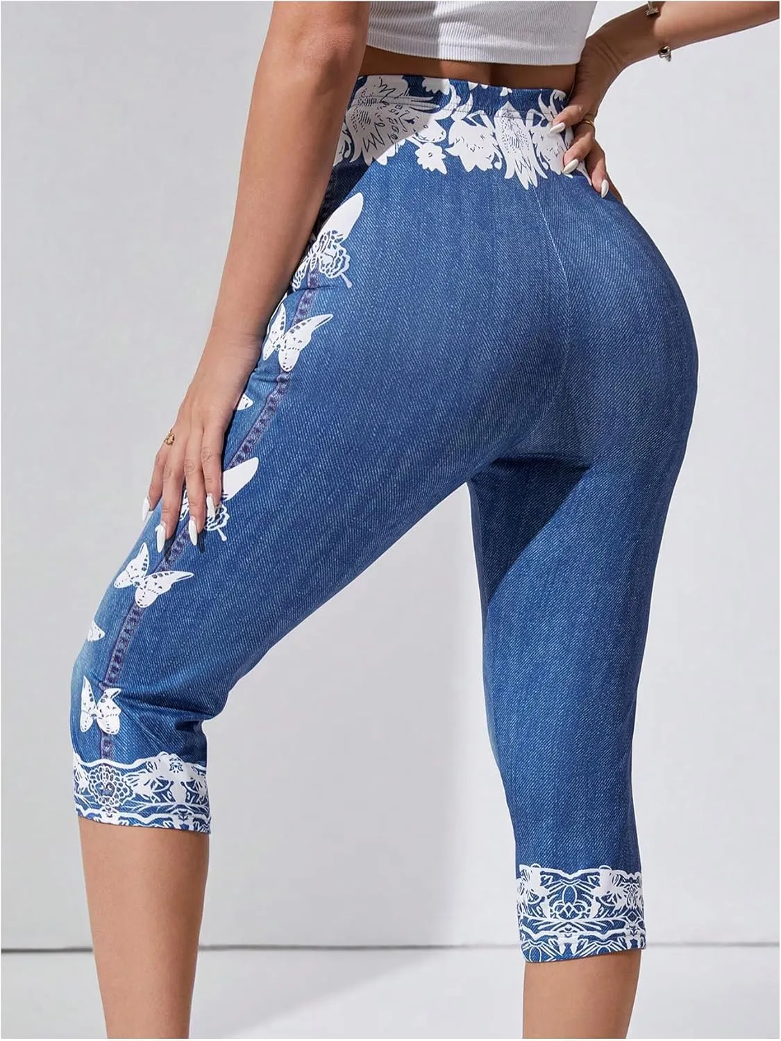 Women's Butterfly Denim Print Capri Pants High Waisted Stretch 3/4 Length Leggings