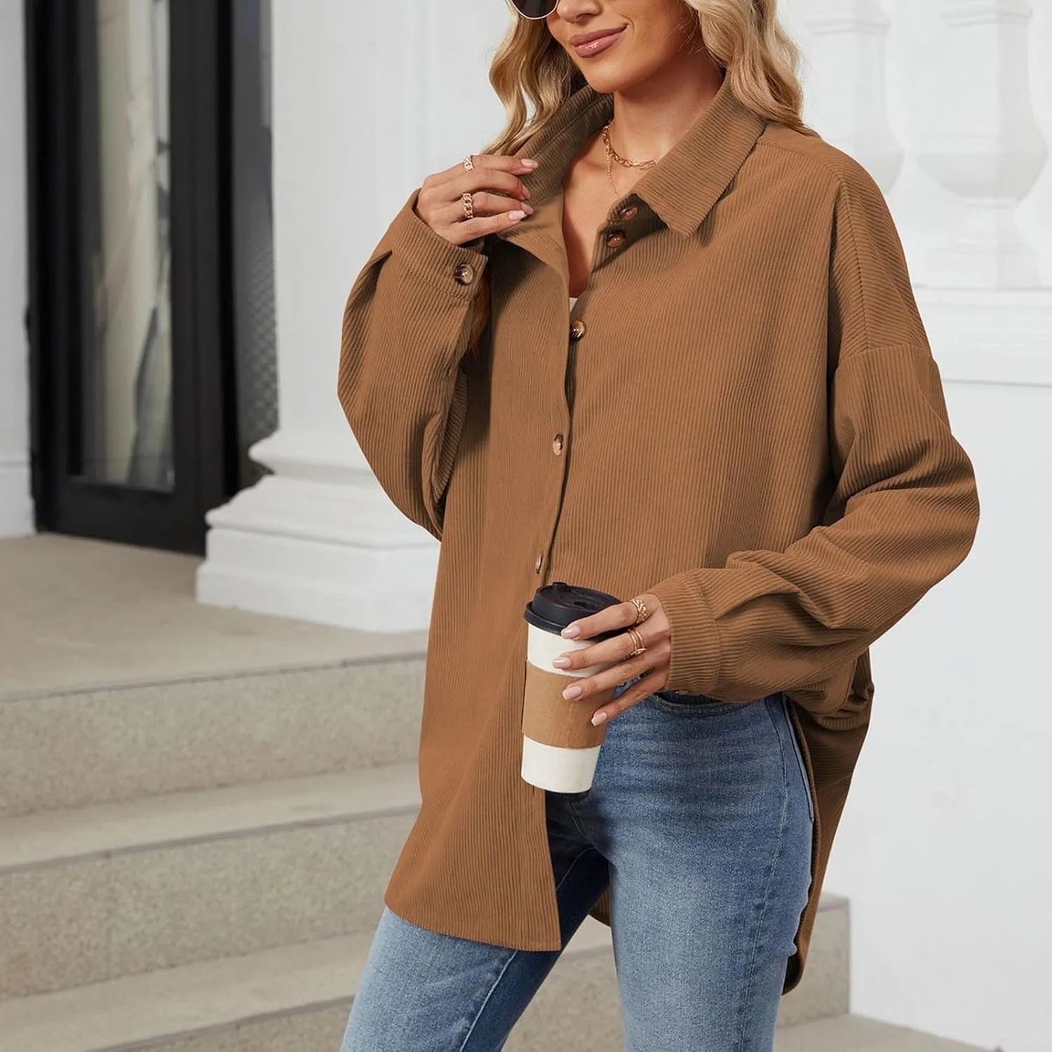 Womens Button Down Shirts Casual Long Sleeve Shacket Jacket Loose Fit Blouses Tops Corduroy Fall Daily Clothes 2024