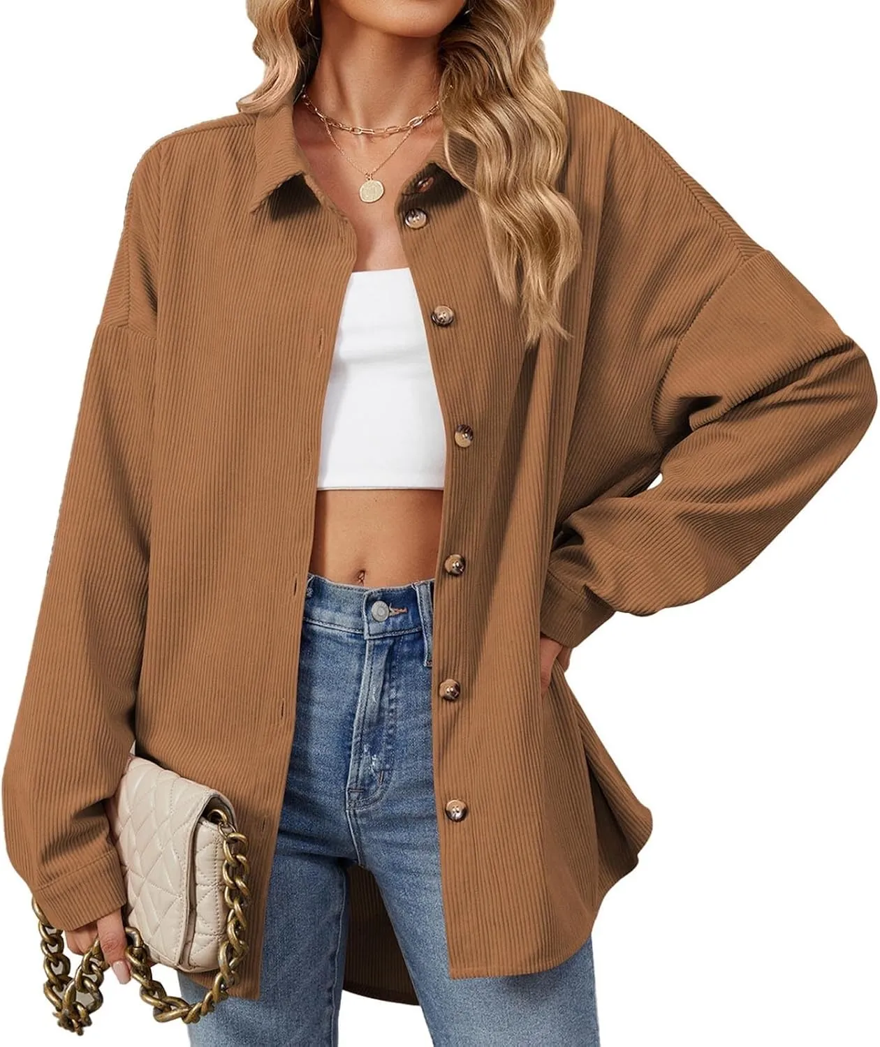 Womens Button Down Shirts Casual Long Sleeve Shacket Jacket Loose Fit Blouses Tops Corduroy Fall Daily Clothes 2024