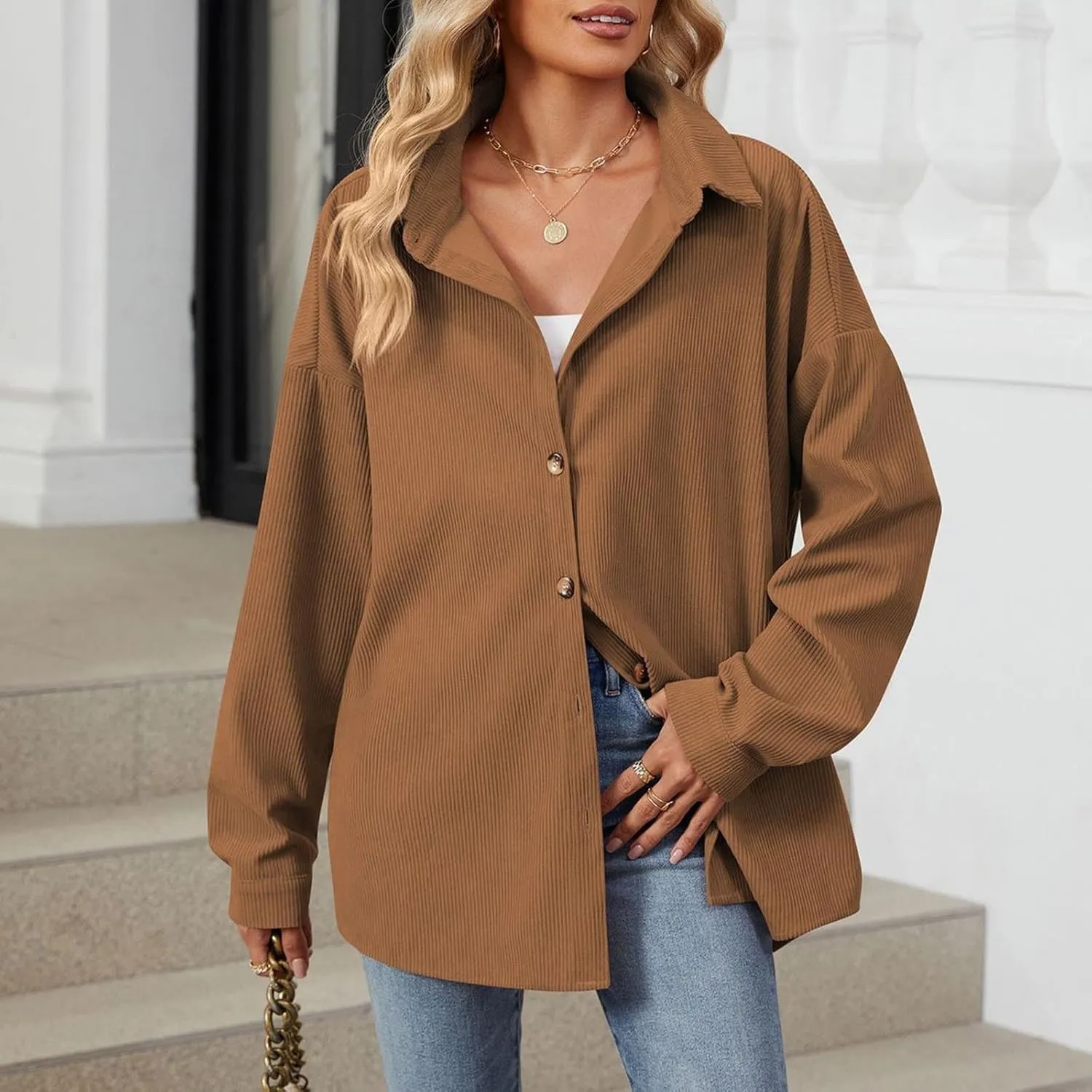 Womens Button Down Shirts Casual Long Sleeve Shacket Jacket Loose Fit Blouses Tops Corduroy Fall Daily Clothes 2024