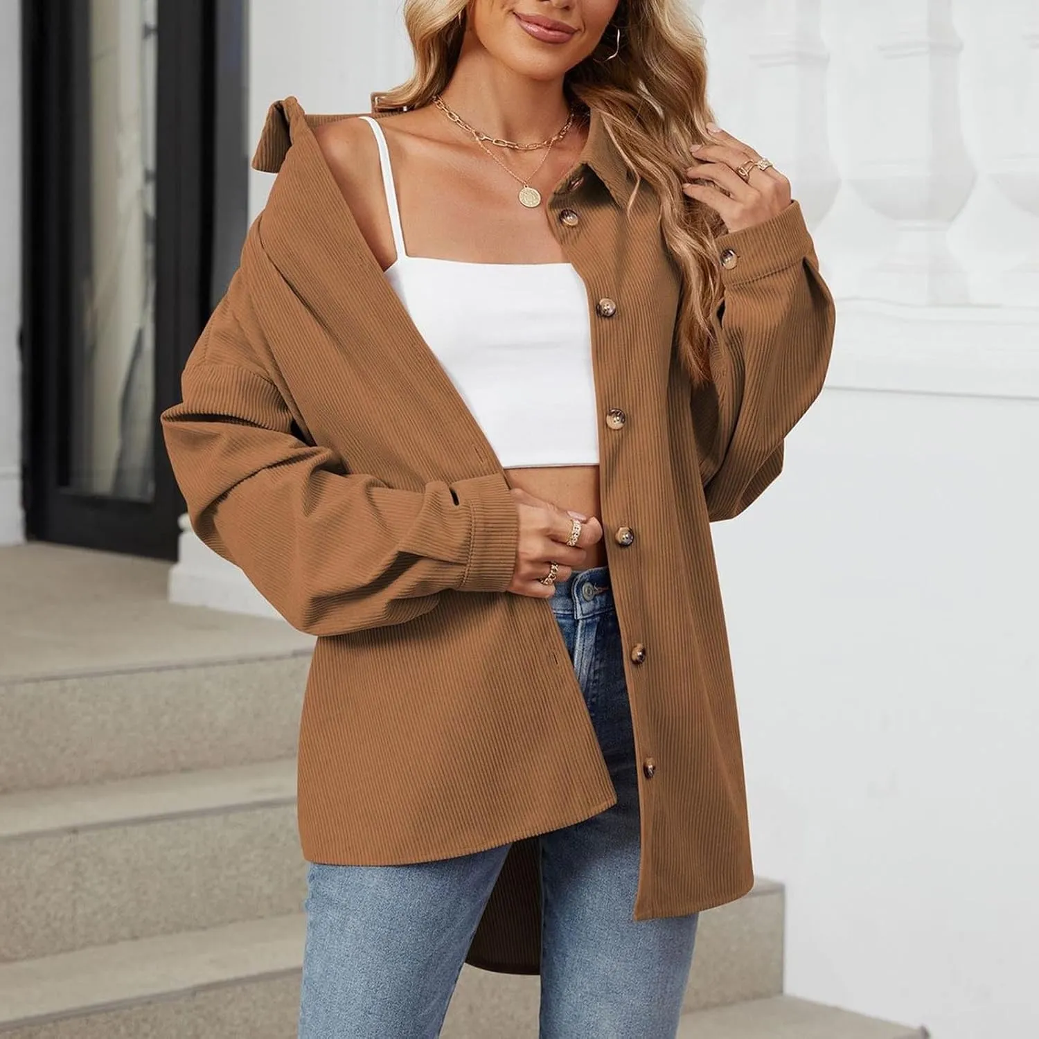 Womens Button Down Shirts Casual Long Sleeve Shacket Jacket Loose Fit Blouses Tops Corduroy Fall Daily Clothes 2024