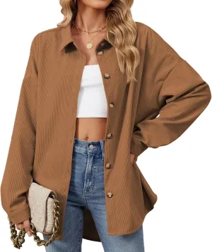 Womens Button Down Shirts Casual Long Sleeve Shacket Jacket Loose Fit Blouses Tops Corduroy Fall Daily Clothes 2024