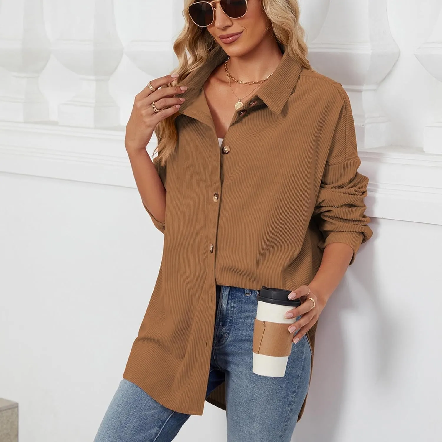 Womens Button Down Shirts Casual Long Sleeve Shacket Jacket Loose Fit Blouses Tops Corduroy Fall Daily Clothes 2024