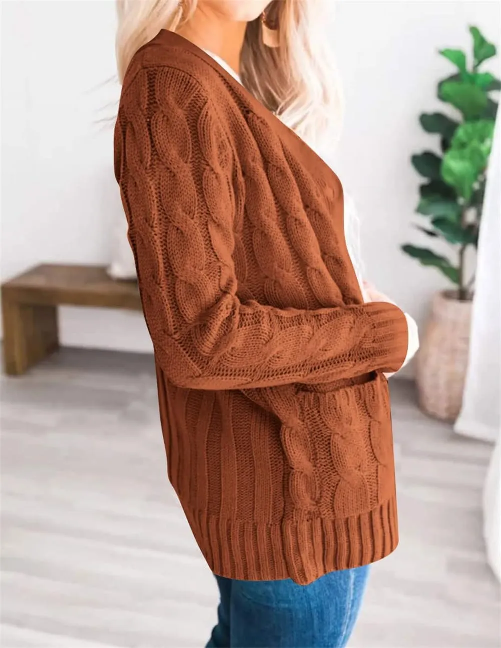 Womens Cardigan Sweaters Button Down Open Front Sweater Fashion Cable Knit Chunky Outwear Coats Cardigan with Pockets