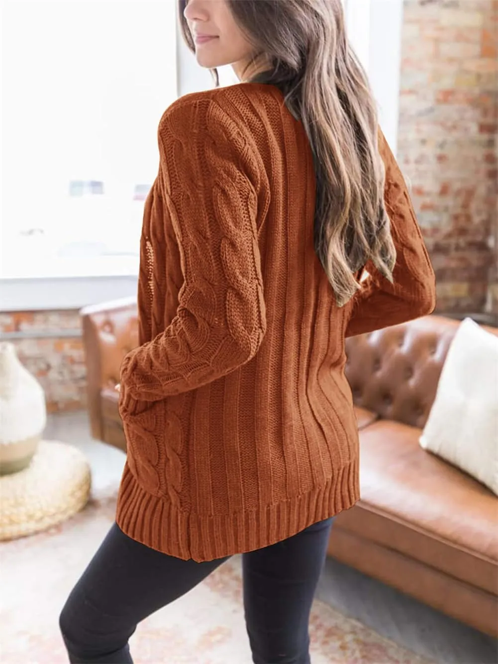Womens Cardigan Sweaters Button Down Open Front Sweater Fashion Cable Knit Chunky Outwear Coats Cardigan with Pockets