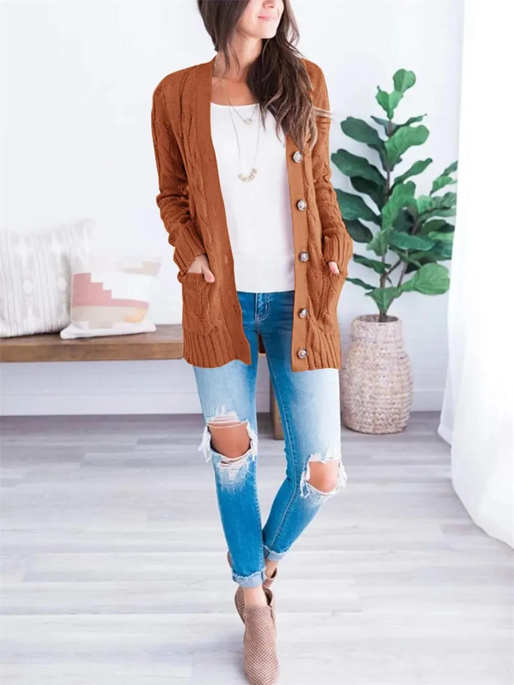 Womens Cardigan Sweaters Button Down Open Front Sweater Fashion Cable Knit Chunky Outwear Coats Cardigan with Pockets