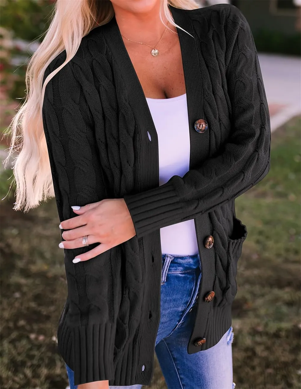 Womens Cardigan Sweaters Button Down Open Front Sweater Fashion Cable Knit Chunky Outwear Coats Cardigan with Pockets
