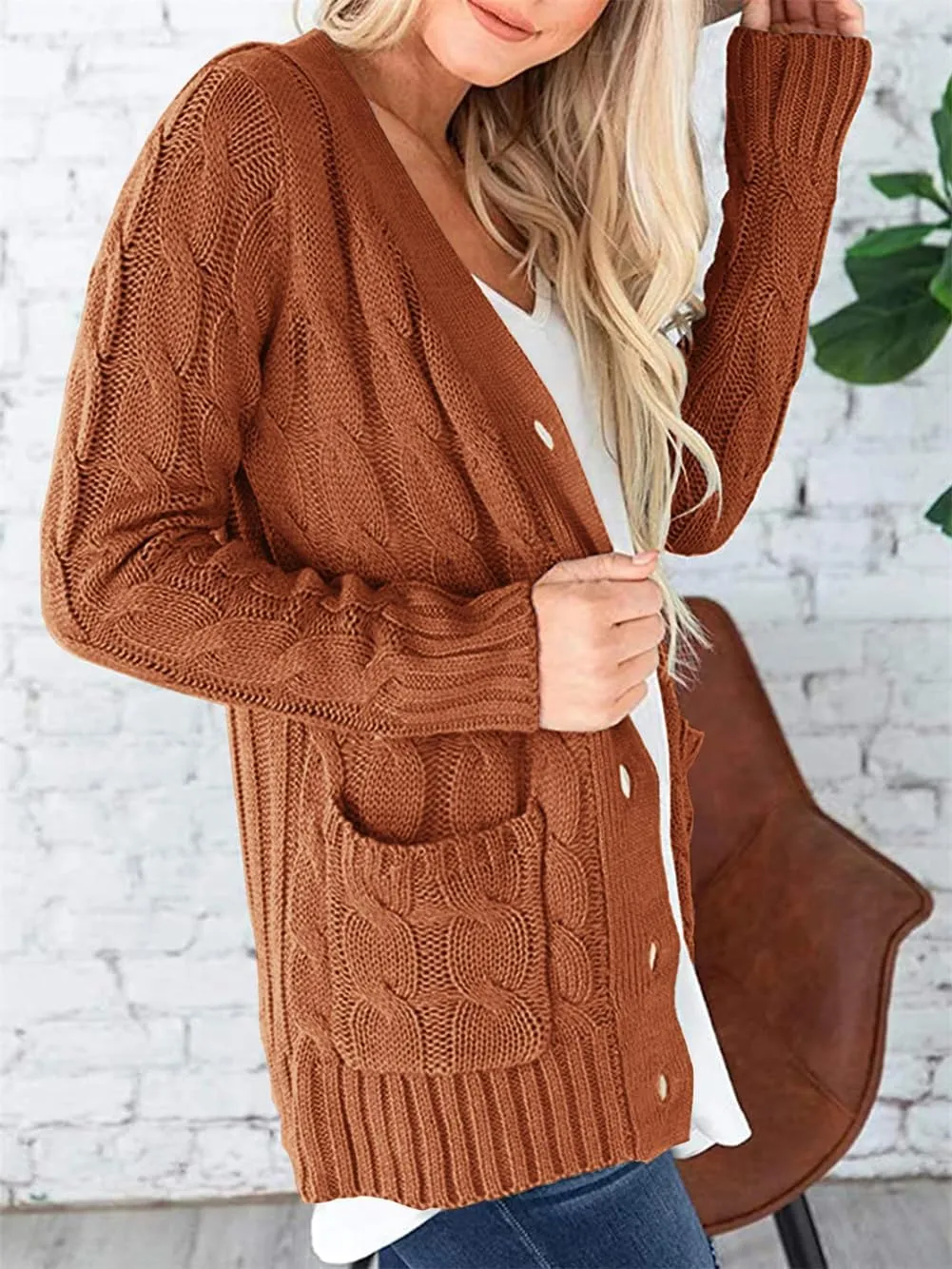 Womens Cardigan Sweaters Button Down Open Front Sweater Fashion Cable Knit Chunky Outwear Coats Cardigan with Pockets